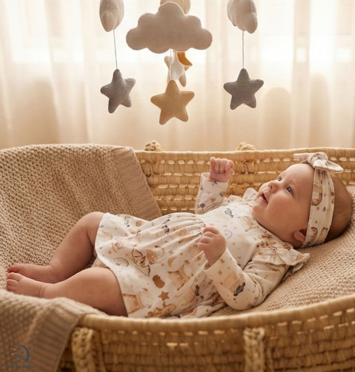 Baby lying in a crib with star and cloud mobile above