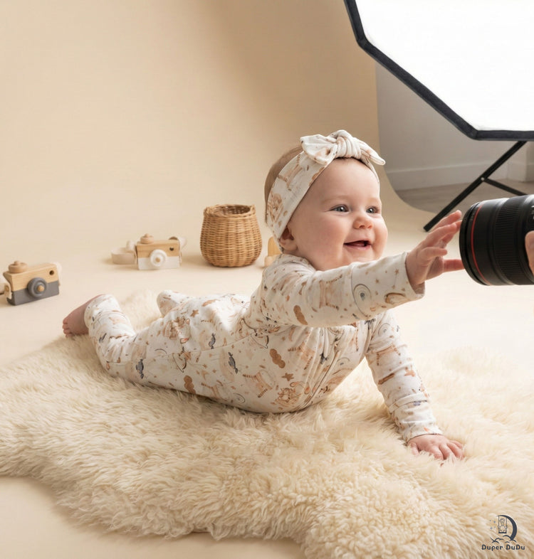 Baby lying on a fluffy rug with a camera and softbox in a photography studio setting.