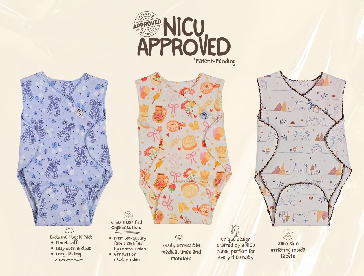 Duper DuDu NICU approved adaptive baby clothes 3-pack bundle featuring blue bow, sweet bakery, and woodland bear prints. Patent-pending nurse-designed preemie onesies made from GOTS certified organic cotton with easy medical line access, soft Huggle Pad closures, and zero irritating labels for premature babies.