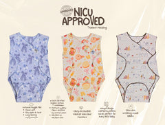 Duper DuDu NICU approved adaptive baby clothes 3-pack bundle featuring blue bow, sweet bakery, and woodland bear prints. Patent-pending nurse-designed preemie onesies made from GOTS certified organic cotton with easy medical line access, soft Huggle Pad closures, and zero irritating labels for premature babies.