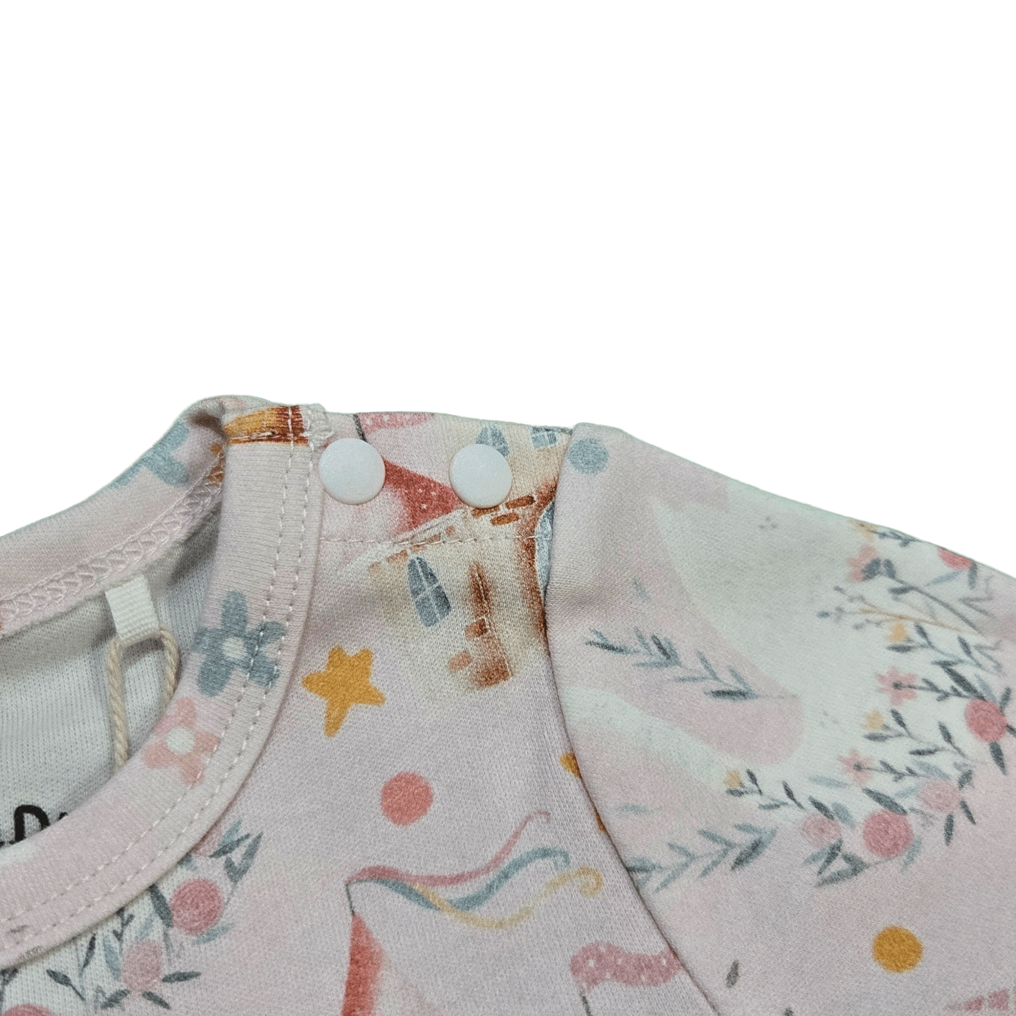 Close up of shoulder snap buttons on organic baby dress brand Duper DuDu design by a NICU nurse