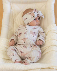 Baby wearing comfortable organic cotton romper with woodland fox design