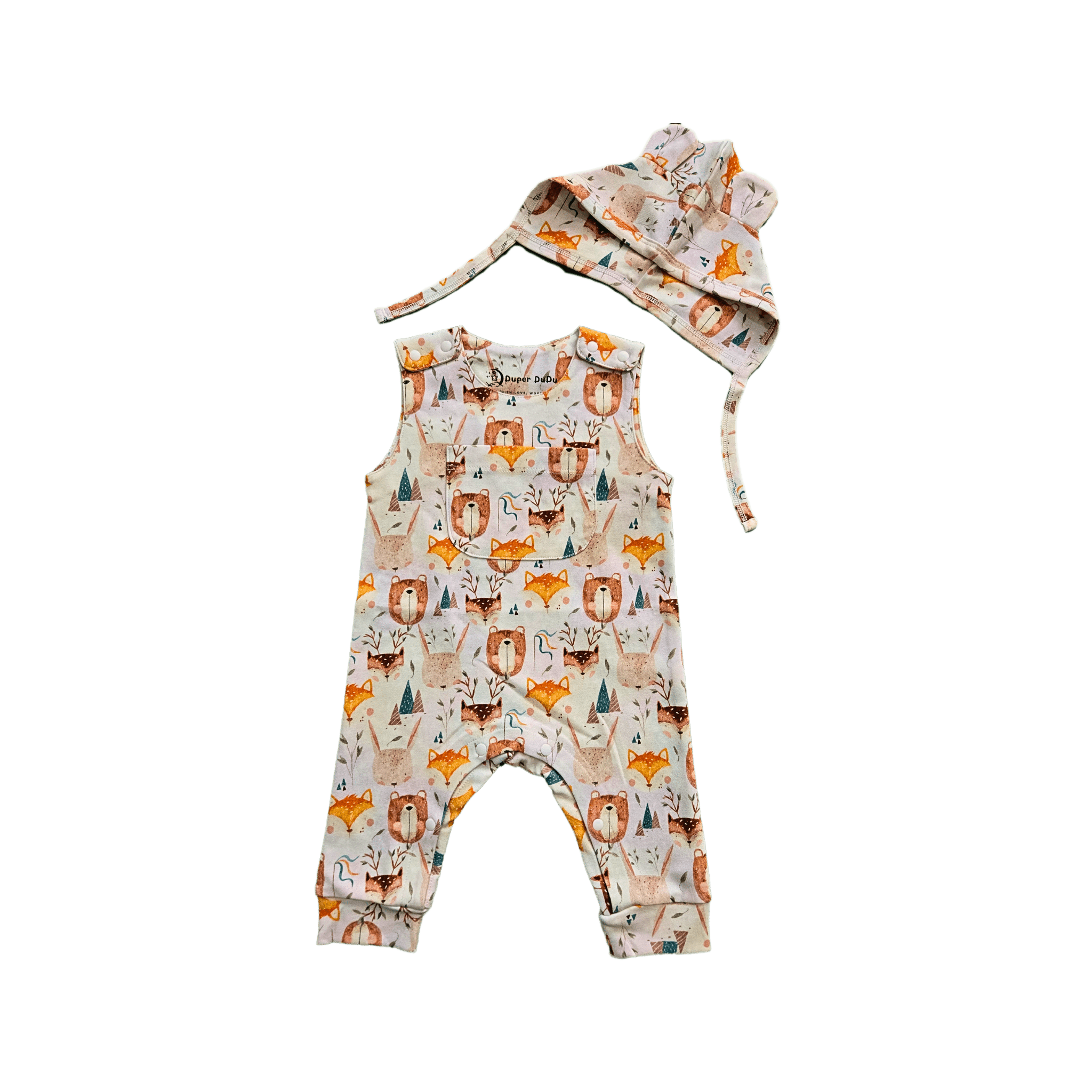 Baby wearing cute organic cotton hat with animal ears and ties