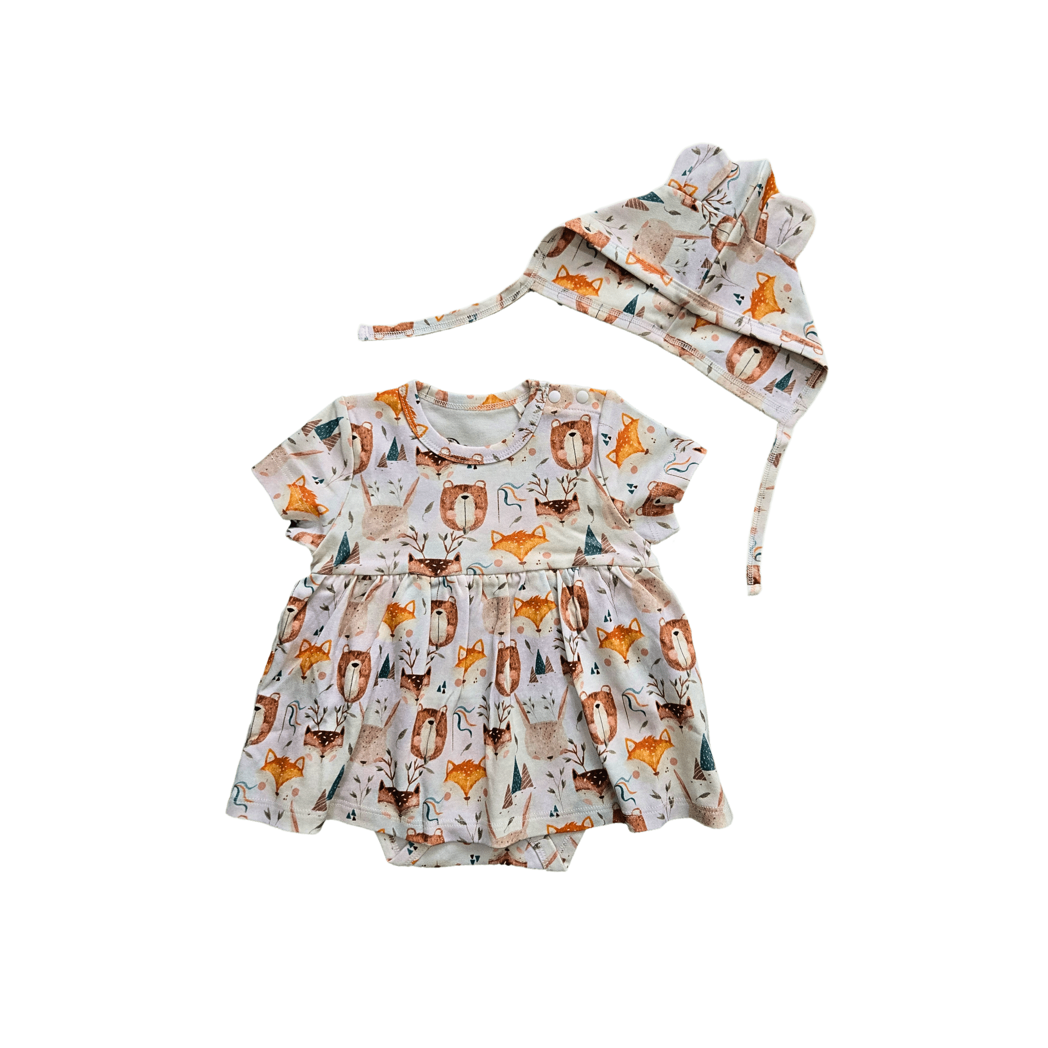 Baby wearing cute organic cotton hat with animal ears and ties