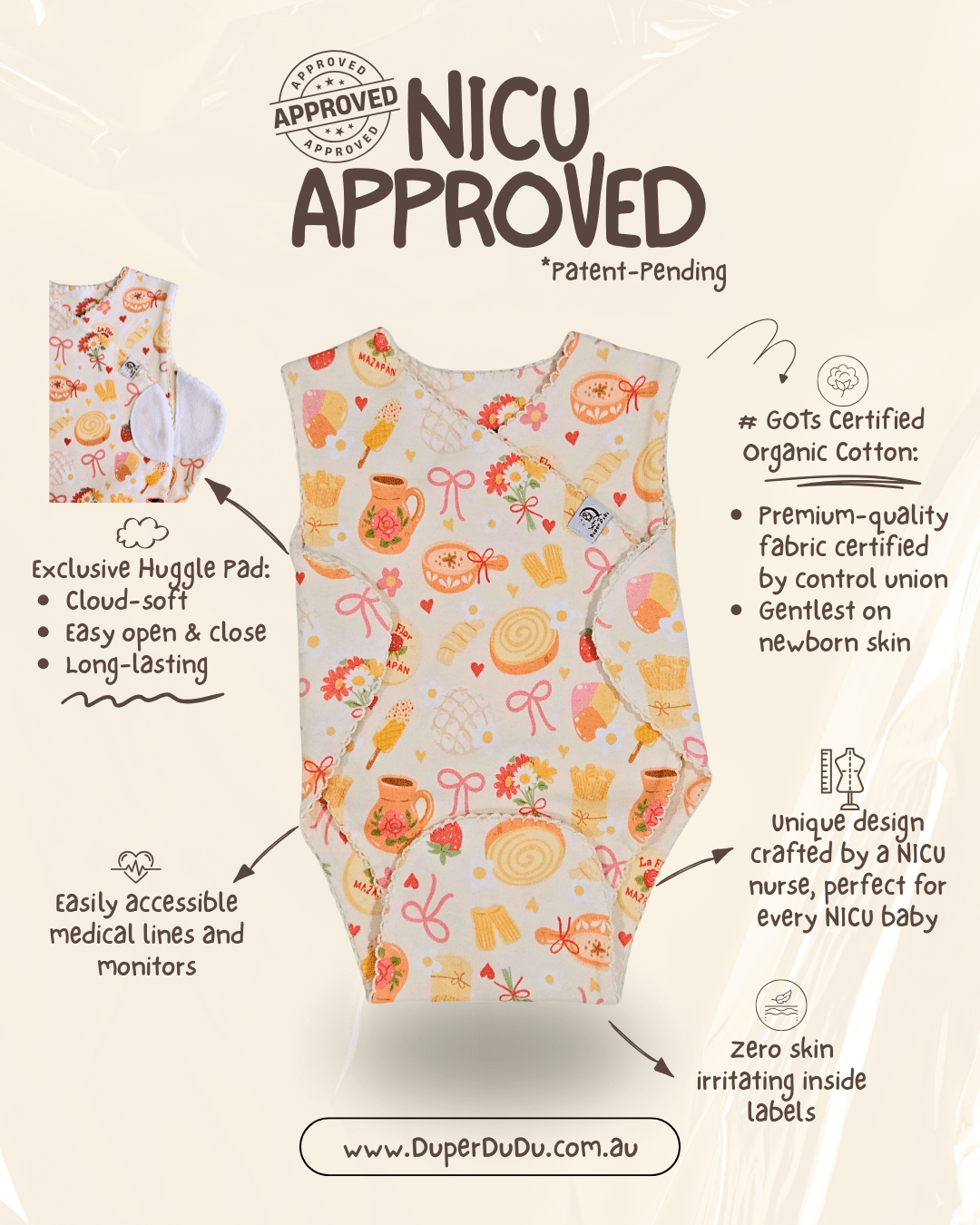 Infographic showing patent-pending features of Duper DuDu Bakery Dreams babywear. Highlights: GOTS organic cotton, easy medical access, cloud-soft huggle pad, and non-irritating labels.