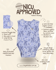 "Infographic showing patent-pending features of Duper DuDu Bowy print babywear. Highlights: GOTS organic cotton, easy medical access, cloud-soft huggle pad, and tag-free comfort. Designed by a NICU Nurse."