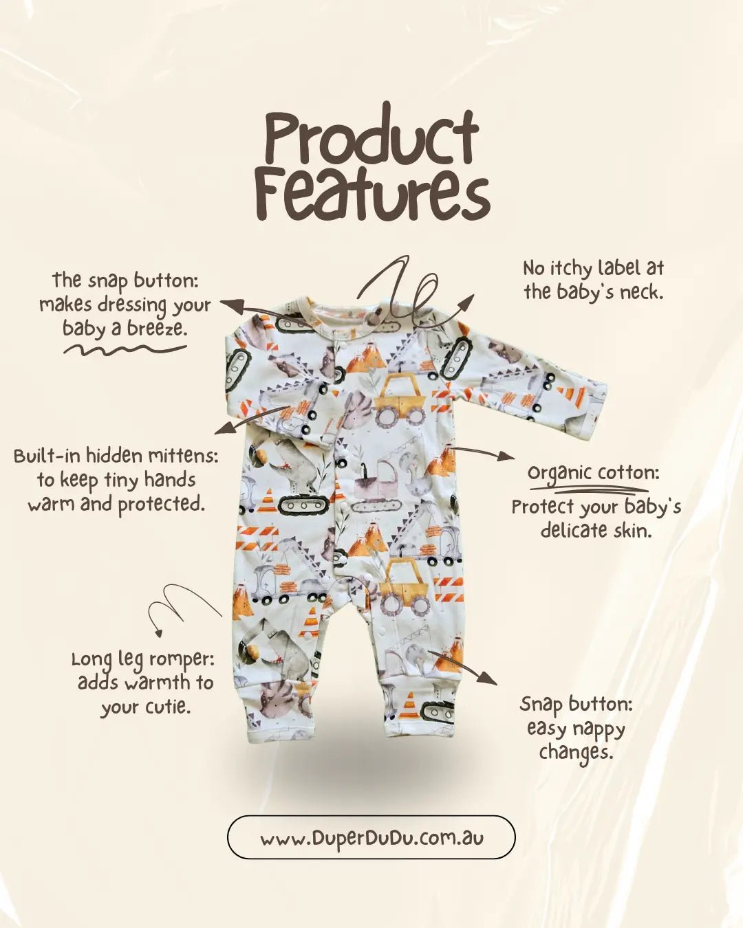 Hard Working Dinos, Organic Baby Romper - Duper DuDu