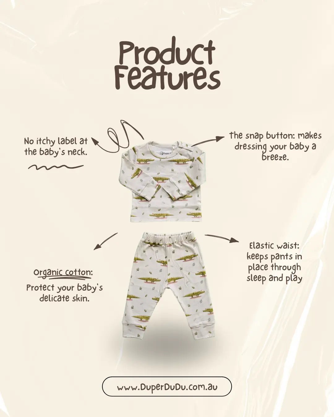 Little Crocodile, Organic Baby Pyjamas Set (Hat is not included) - Duper DuDu