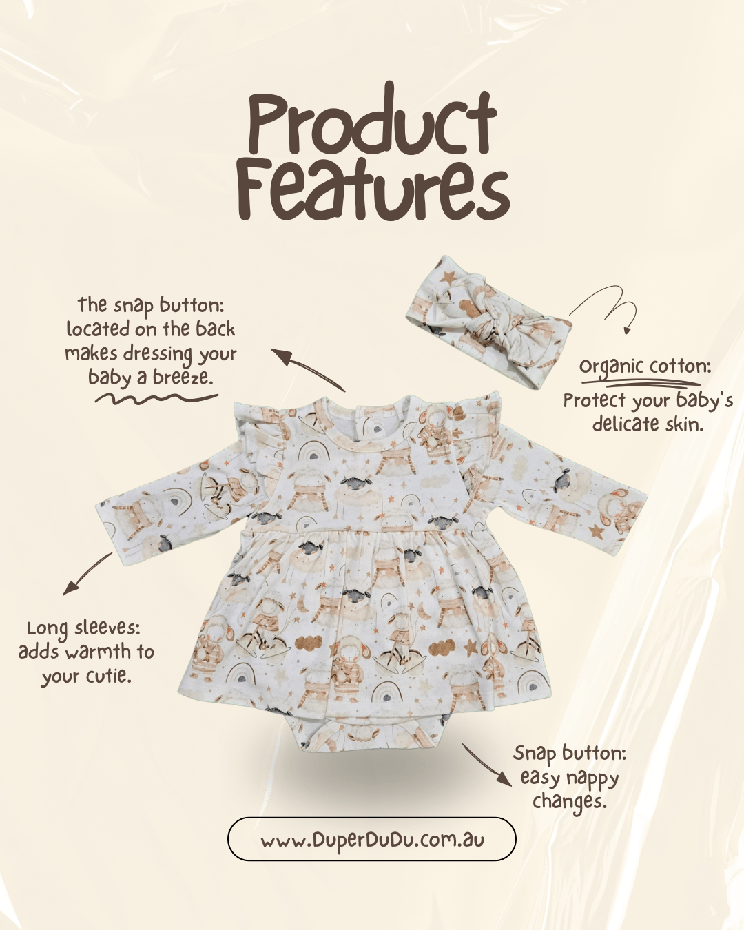 Diagram showing features of Little Sheep dress onesie including snap buttons and skirt brand Duper DuDu design by a NICU nurse