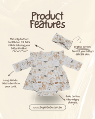 Diagram showing features of Little Sheep dress onesie including snap buttons and skirt brand Duper DuDu design by a NICU nurse