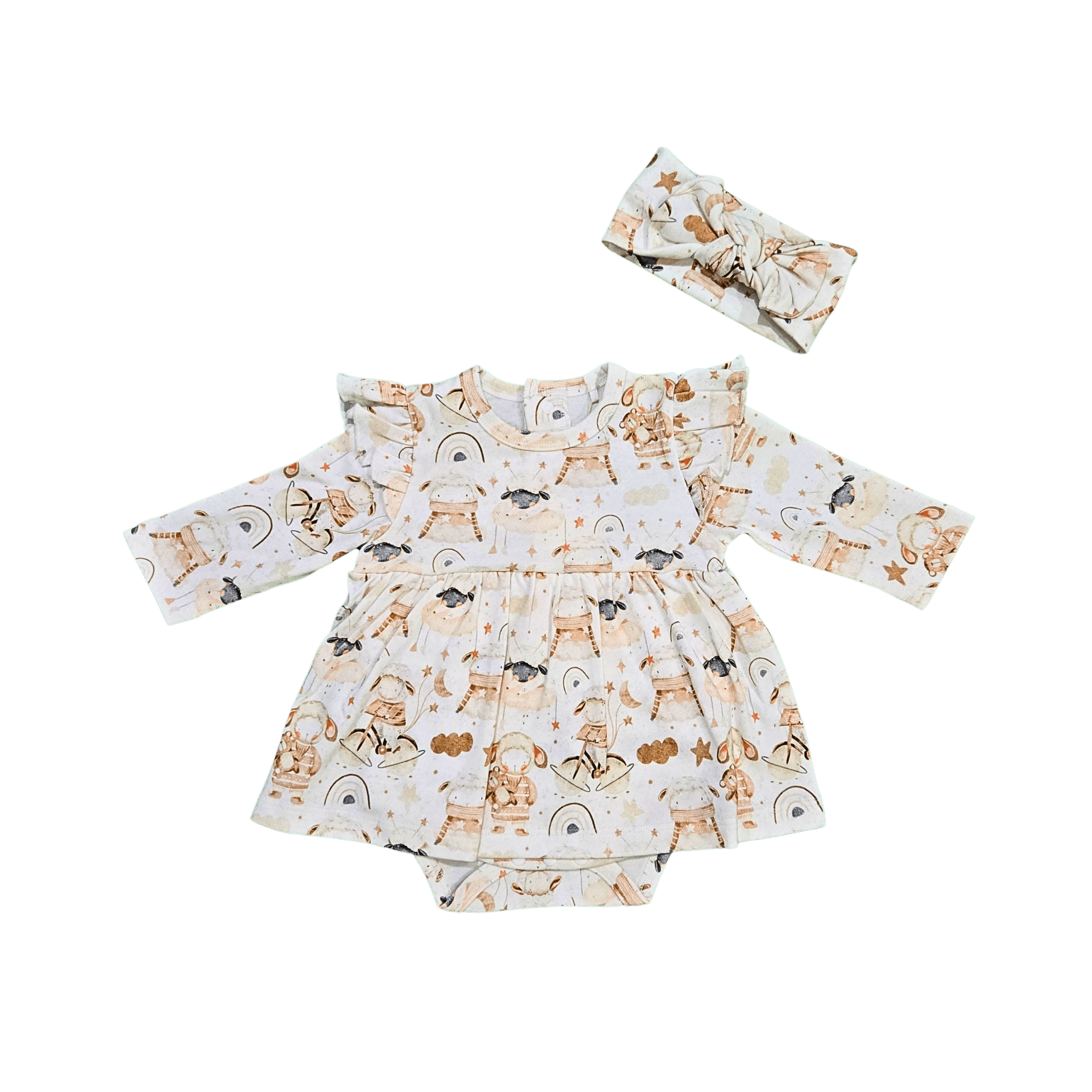 Baby wearing neutral organic cotton sheep print bow brand Duper DuDu design by a NICU nurse