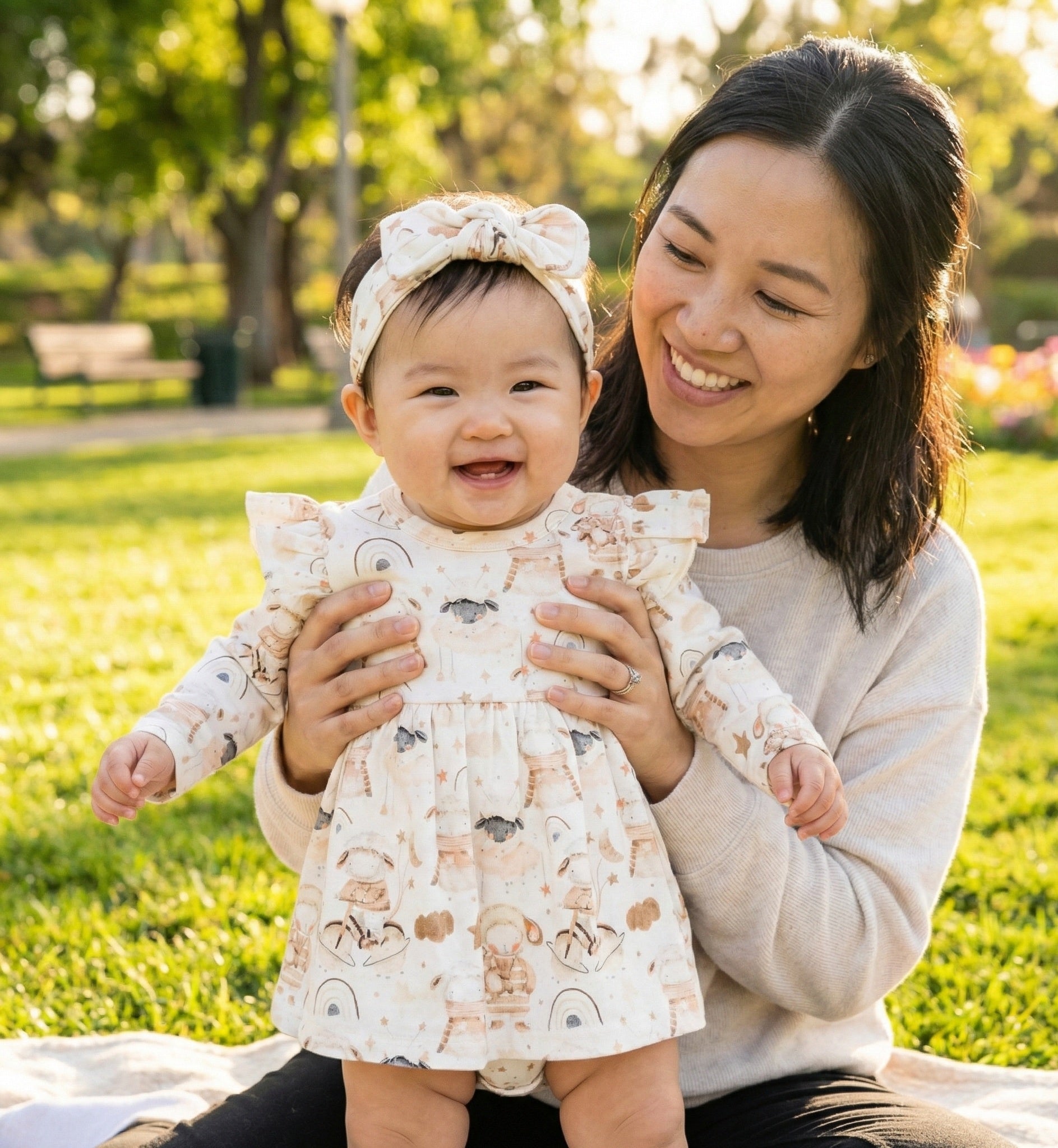 Little Sheep organic cotton baby dress onesie with skirt brand Duper DuDu design by a NICU nurse