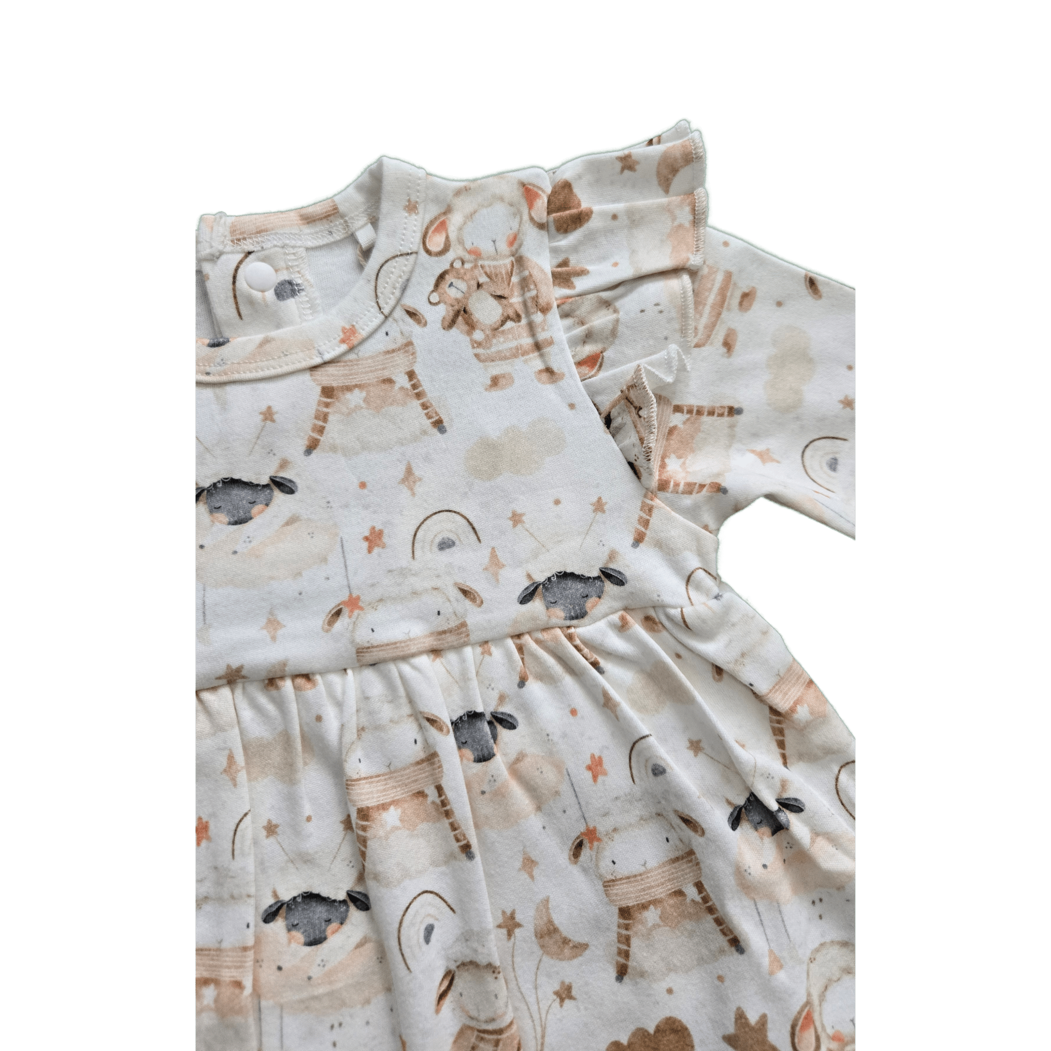 Flat lay of Little Sheep organic cotton dress bodysuit brand Duper DuDu design by a NICU nurse