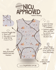 Infographic showing patent-pending features of NICU nurse designed babywear brand Duper DuDu. Highlights: GOTS organic cotton, easy access for medical lines, soft closures, and zero irritating labels. NICU Approved.