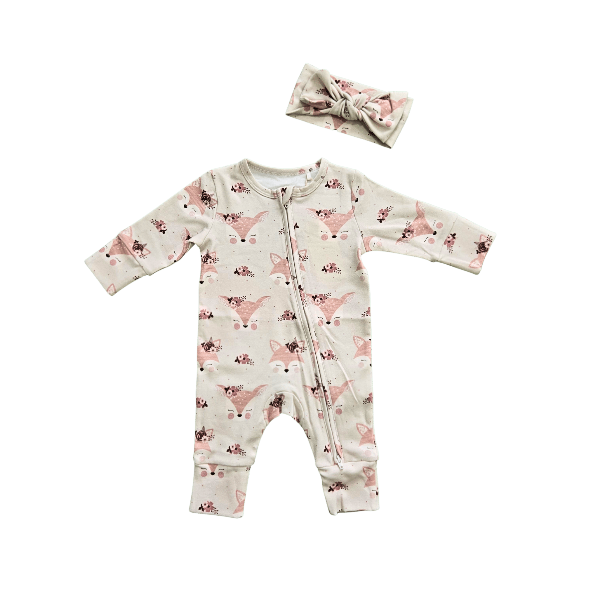 Organic cotton baby headband with cute fox print flat lay