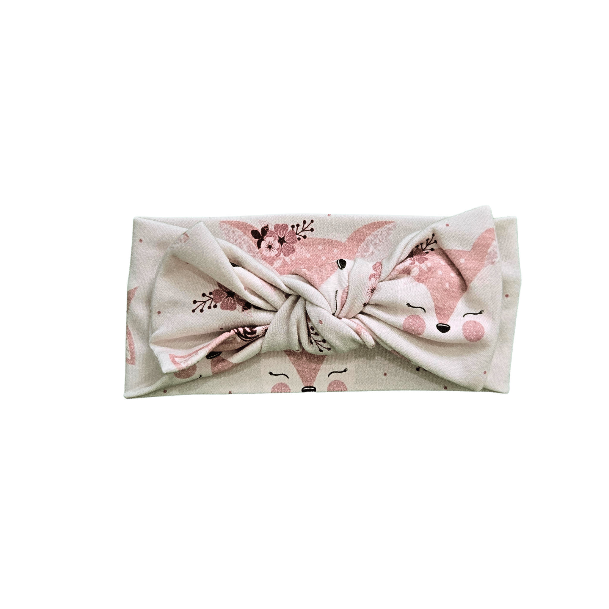 Organic cotton baby headband with cute fox print flat lay