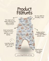 Diagram showing features of Duper DuDu romper: no itchy label, shoulder snaps, and pacifier pocket.