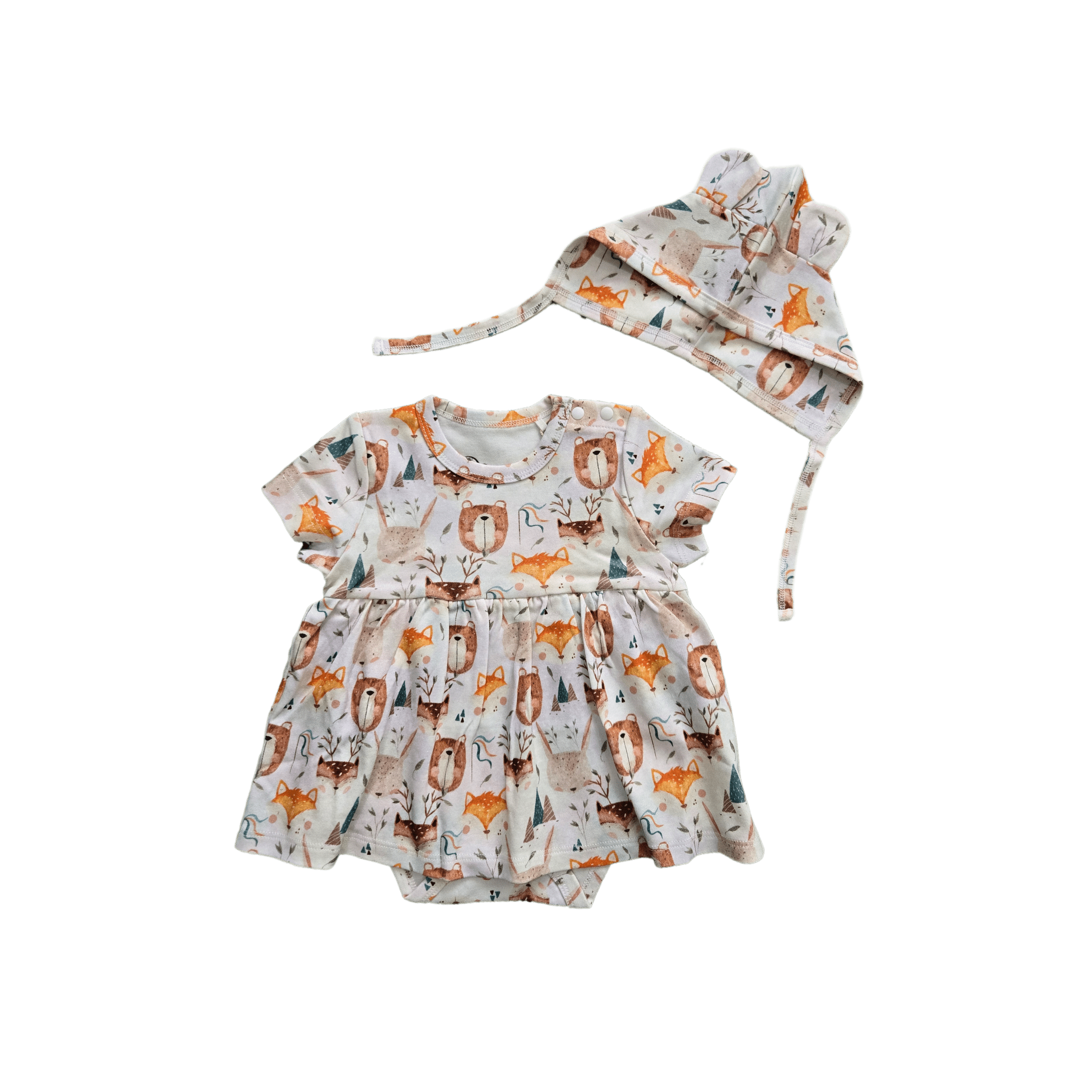 Flat lay of Wild Team organic cotton baby dress onesie brand Duper DuDu design by a NICU nurse