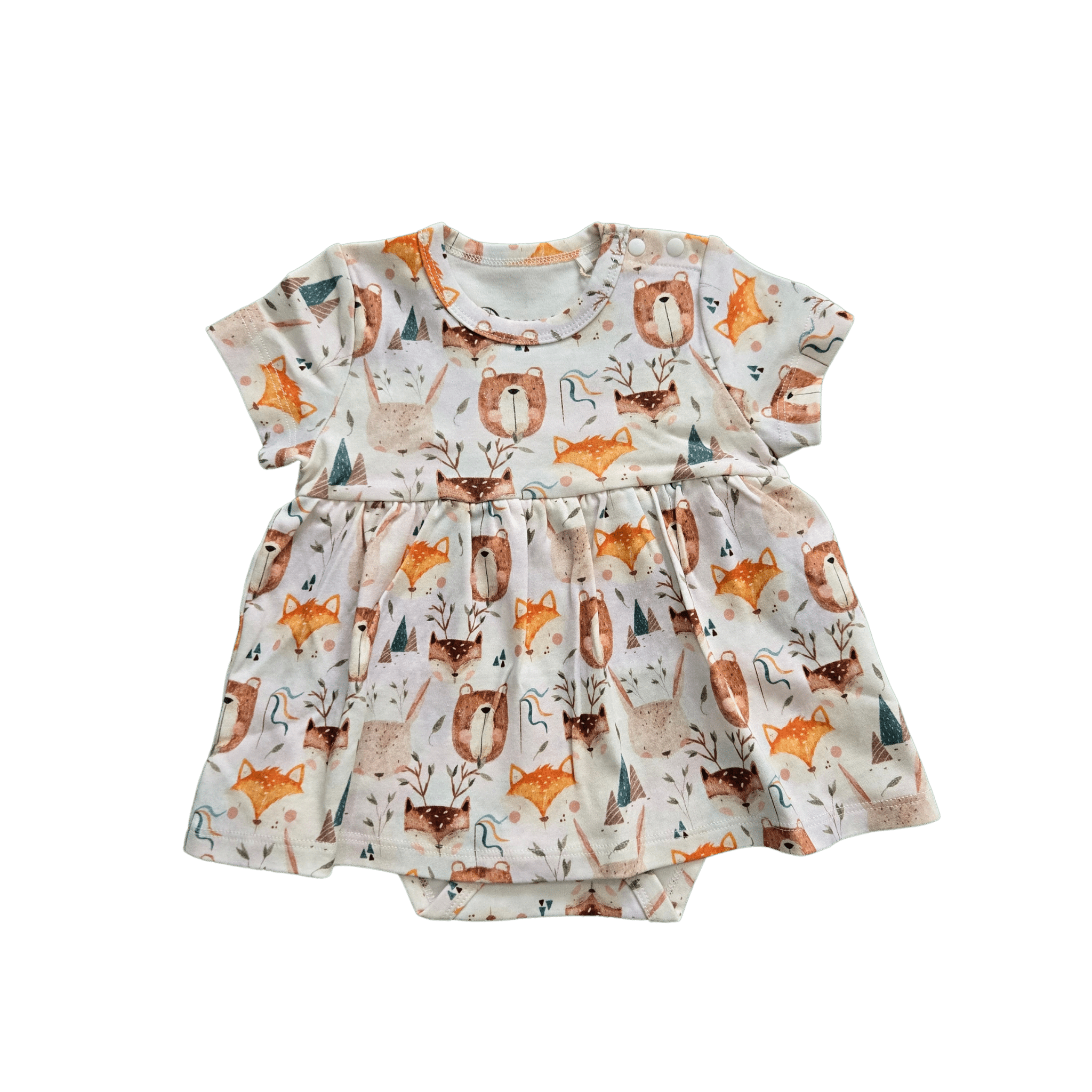 Flat lay of Wild Team organic cotton baby dress onesie brand Duper DuDu design by a NICU nurse