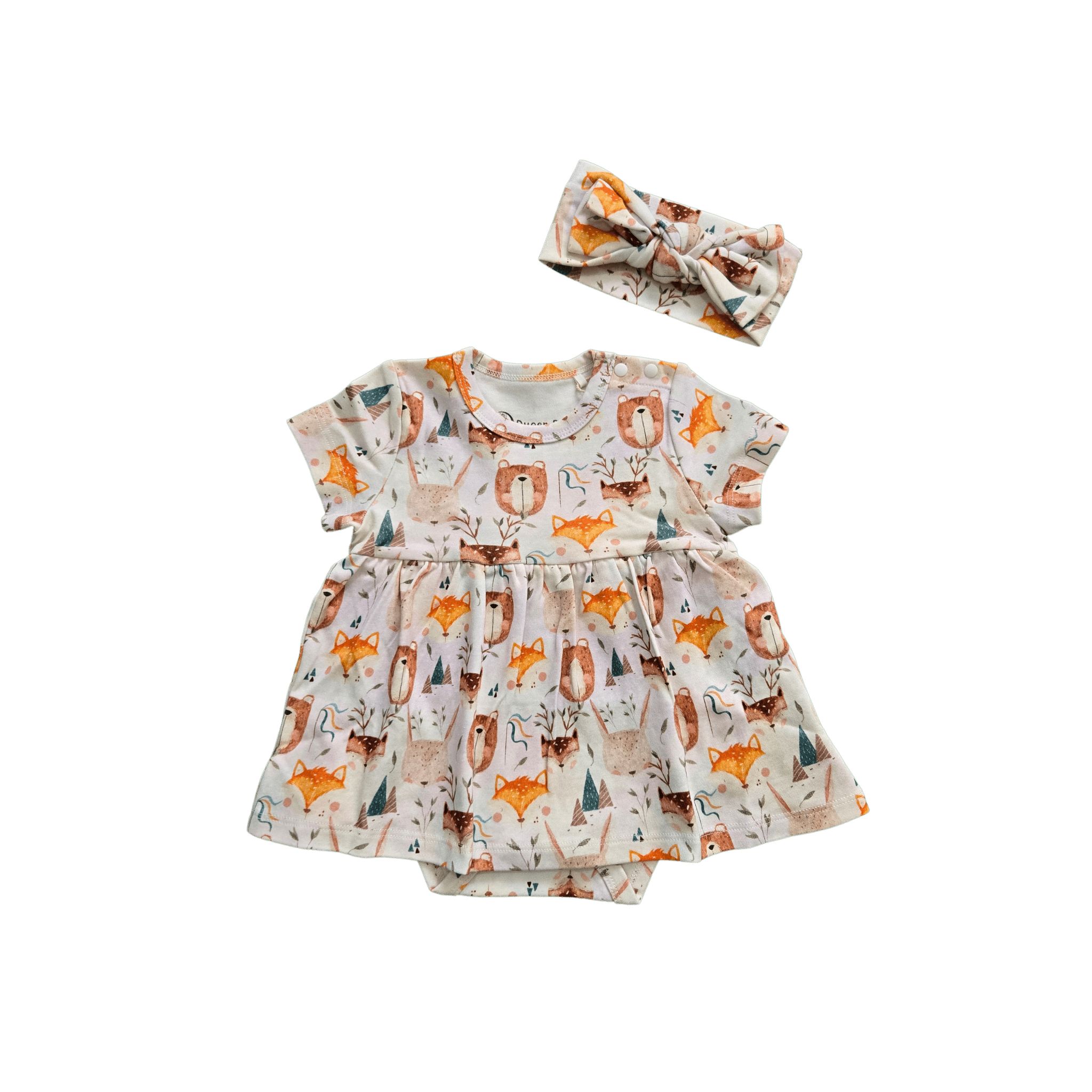 Flat lay of Wild Team organic cotton baby dress onesie with bow brand Duper DuDu design by a NICU nurse