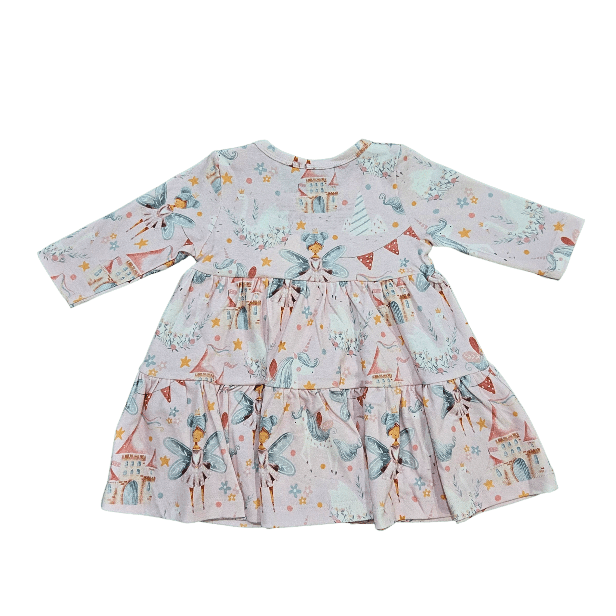 Flat lay of pink organic cotton baby dress with tiered skirt brand Duper DuDu design by a NICU nurse