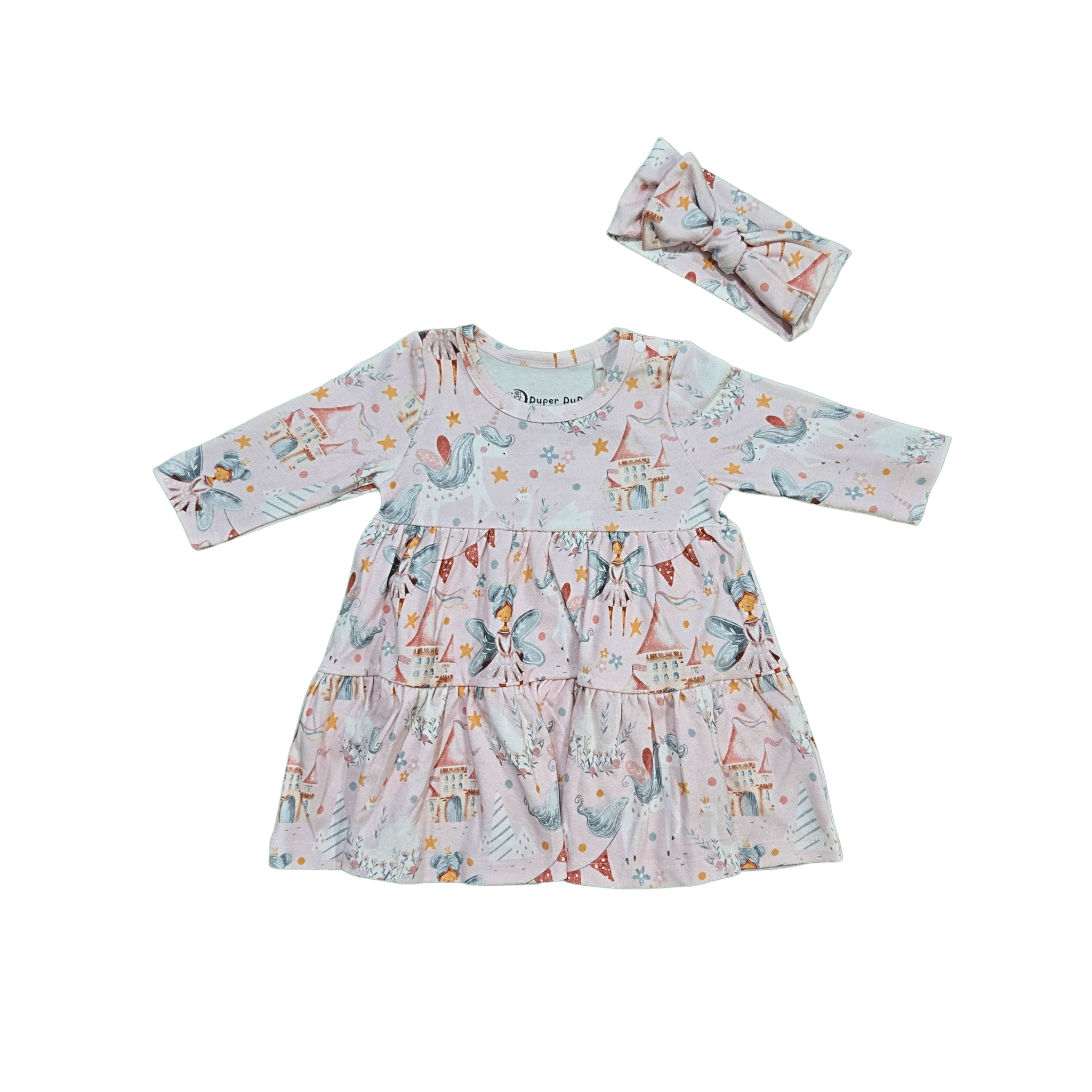 Flat lay of pink organic cotton baby dress set with tiered skirt brand Duper DuDu design by a NICU nurse