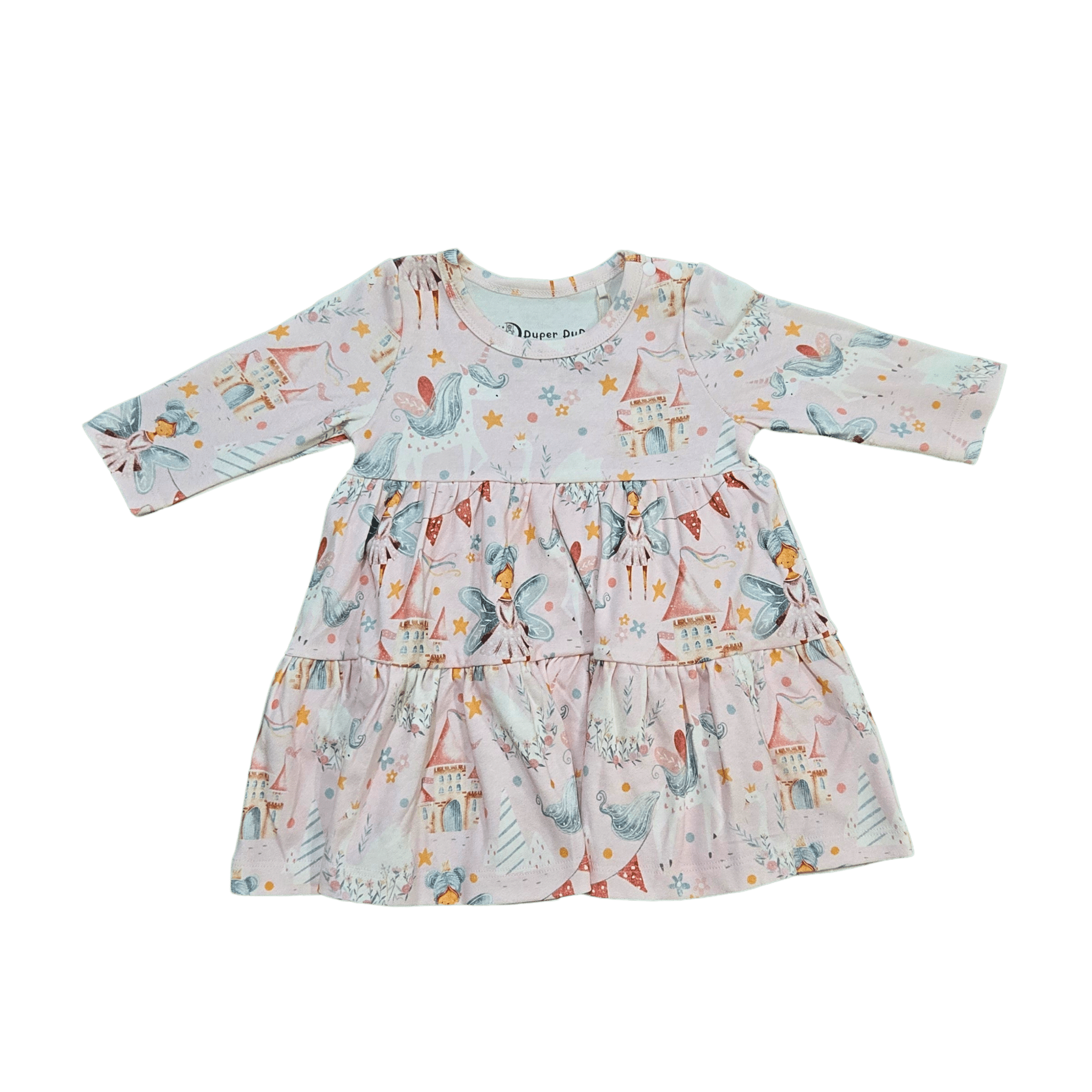 Flat lay of pink organic cotton baby dress with tiered skirt brand Duper DuDu design by a NICU nurse