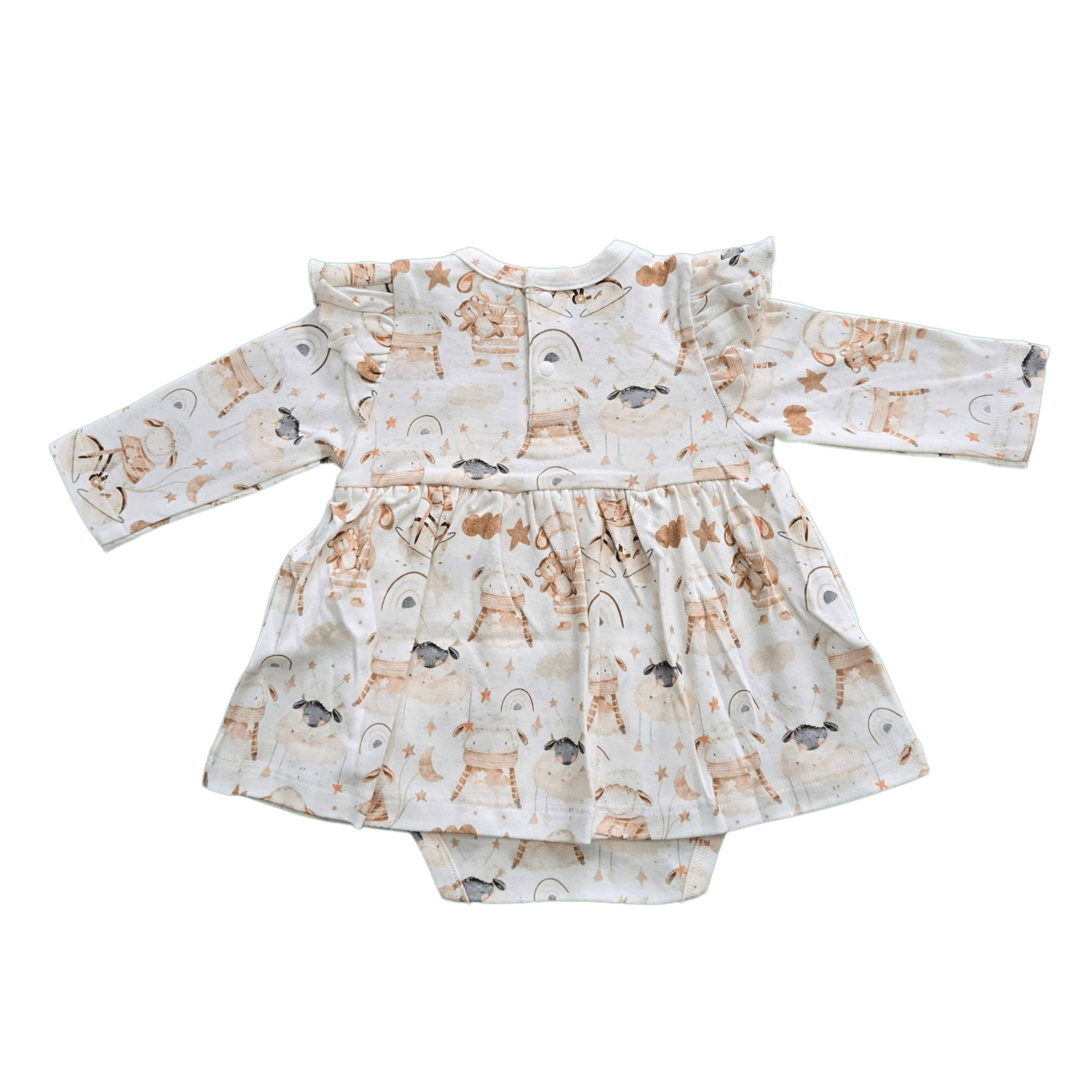 Flat lay of Little Sheep organic cotton dress bodysuit brand Duper DuDu design by a NICU nurse