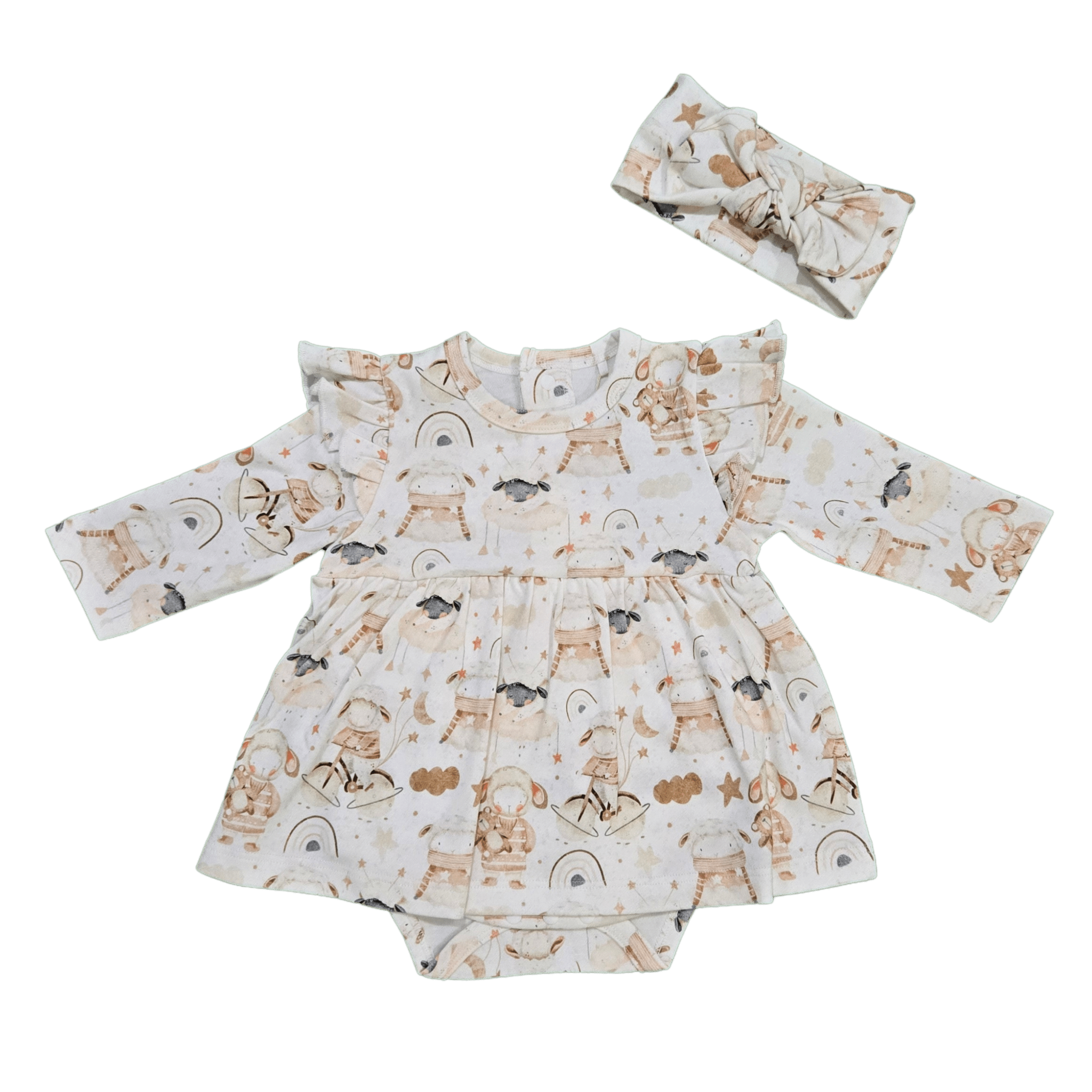 Flat lay of Little Sheep organic cotton dress bodysuit brand Duper DuDu design by a NICU nurse