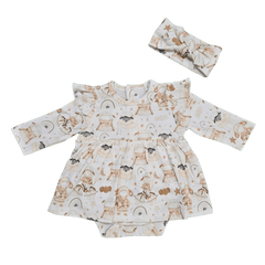Flat lay of Little Sheep organic cotton dress bodysuit brand Duper DuDu design by a NICU nurse