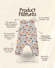 Diagram showing features of Duper DuDu romper including pocket and shoulder snaps brand Duper DuDu design by a NICU nurse