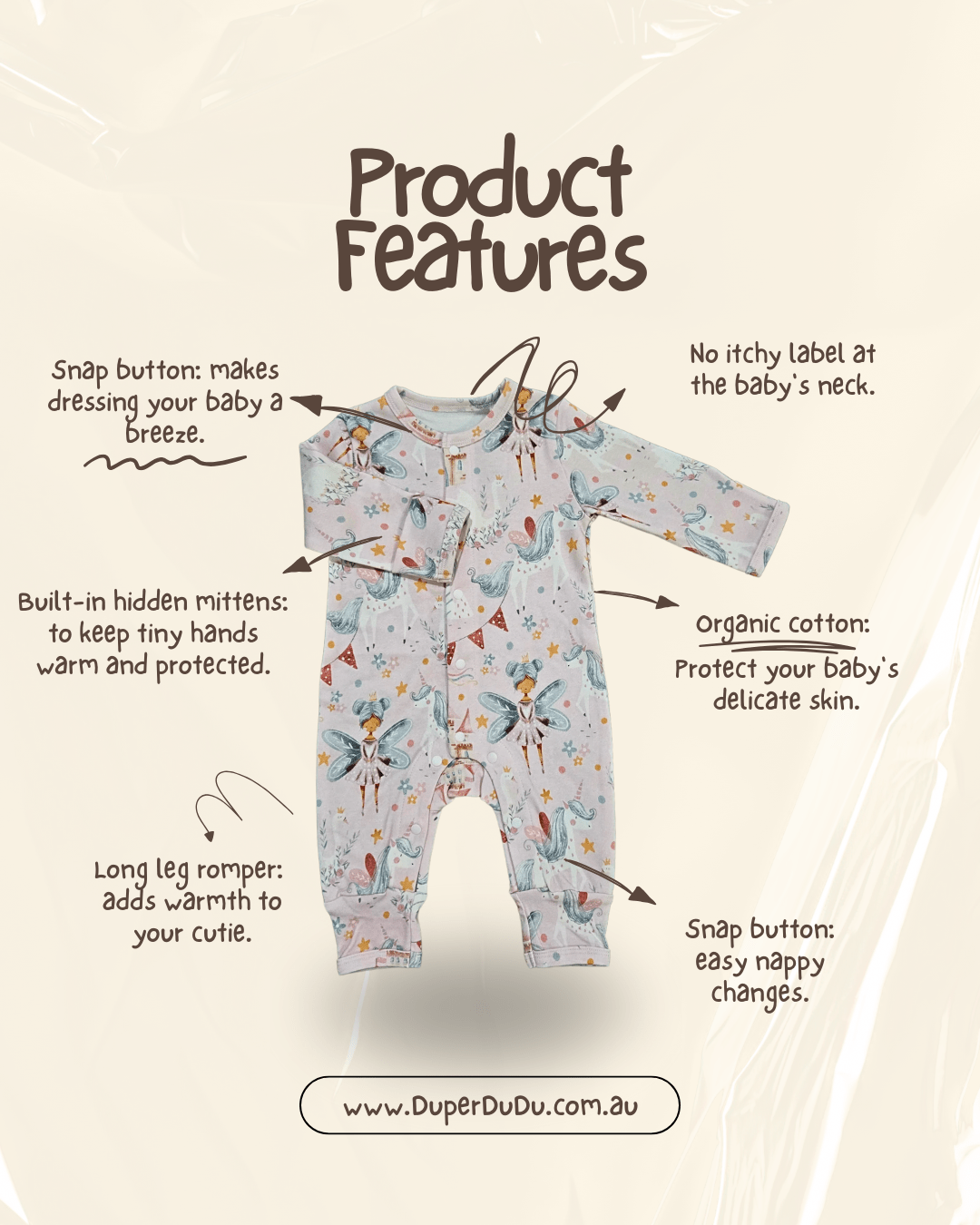 Close up of organic cotton fabric with fairy and castle print brand Duper DuDu design by a NICU nurse