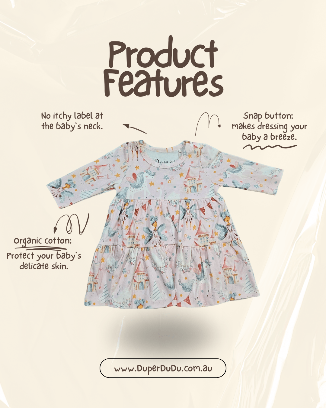 Diagram showing features of Princess organic dress including shoulder snaps and tiered skirt brand Duper DuDu design by a NICU nurse