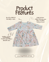 Diagram showing features of Princess organic dress including shoulder snaps and tiered skirt brand Duper DuDu design by a NICU nurse