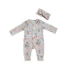 Pink organic cotton baby bow with fairy and castle print with set romper brand Duper DuDu design by a NICU nurse