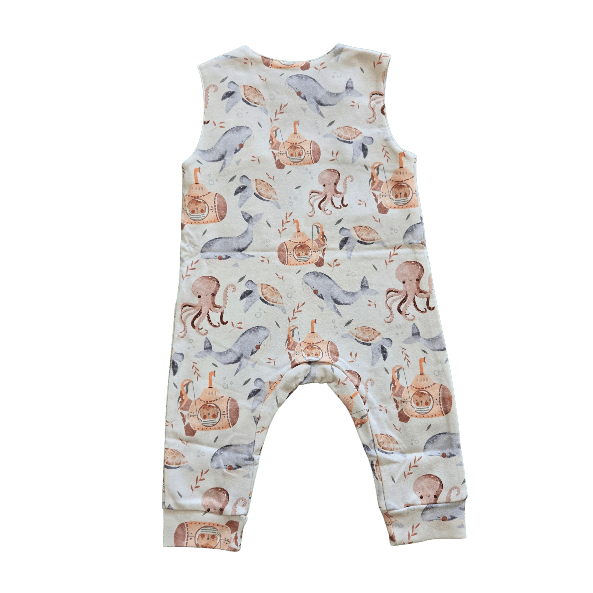 Sleeveless organic cotton baby romper with blue whale and octopus print