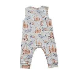 Sleeveless organic cotton baby romper with blue whale and octopus print