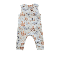Sleeveless organic cotton baby romper with blue whale and octopus print