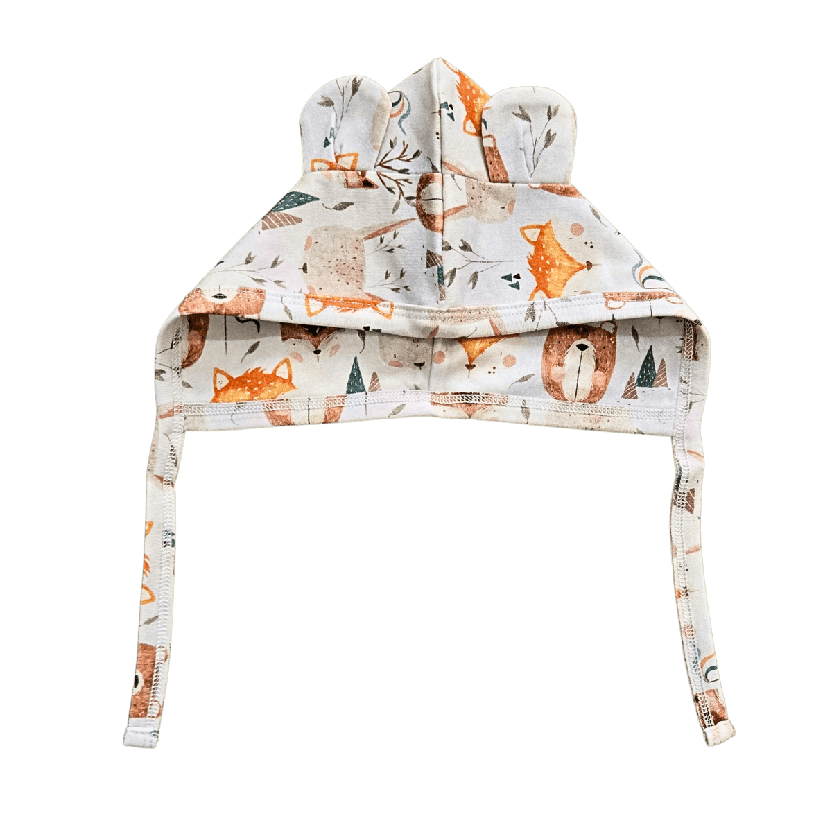 Organic cotton baby bonnet with bear ears and chin ties in woodland print