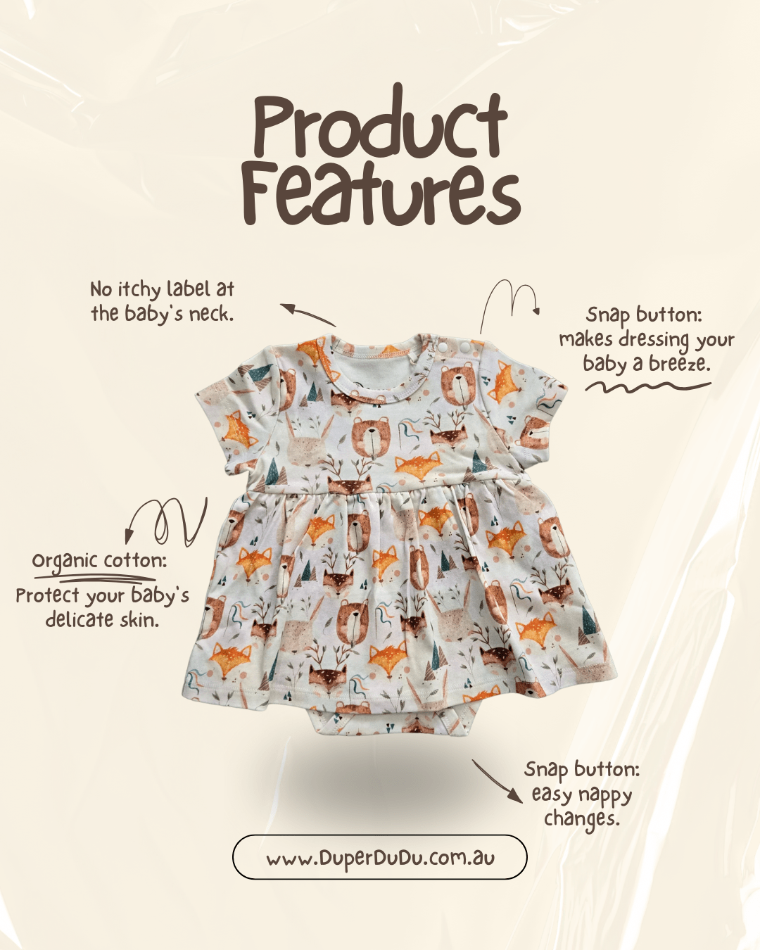 Close up of organic cotton safari print dress details brand Duper DuDu design by a NICU nurse