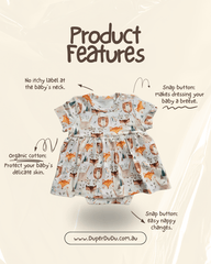 Close up of organic cotton safari print dress details brand Duper DuDu design by a NICU nurse