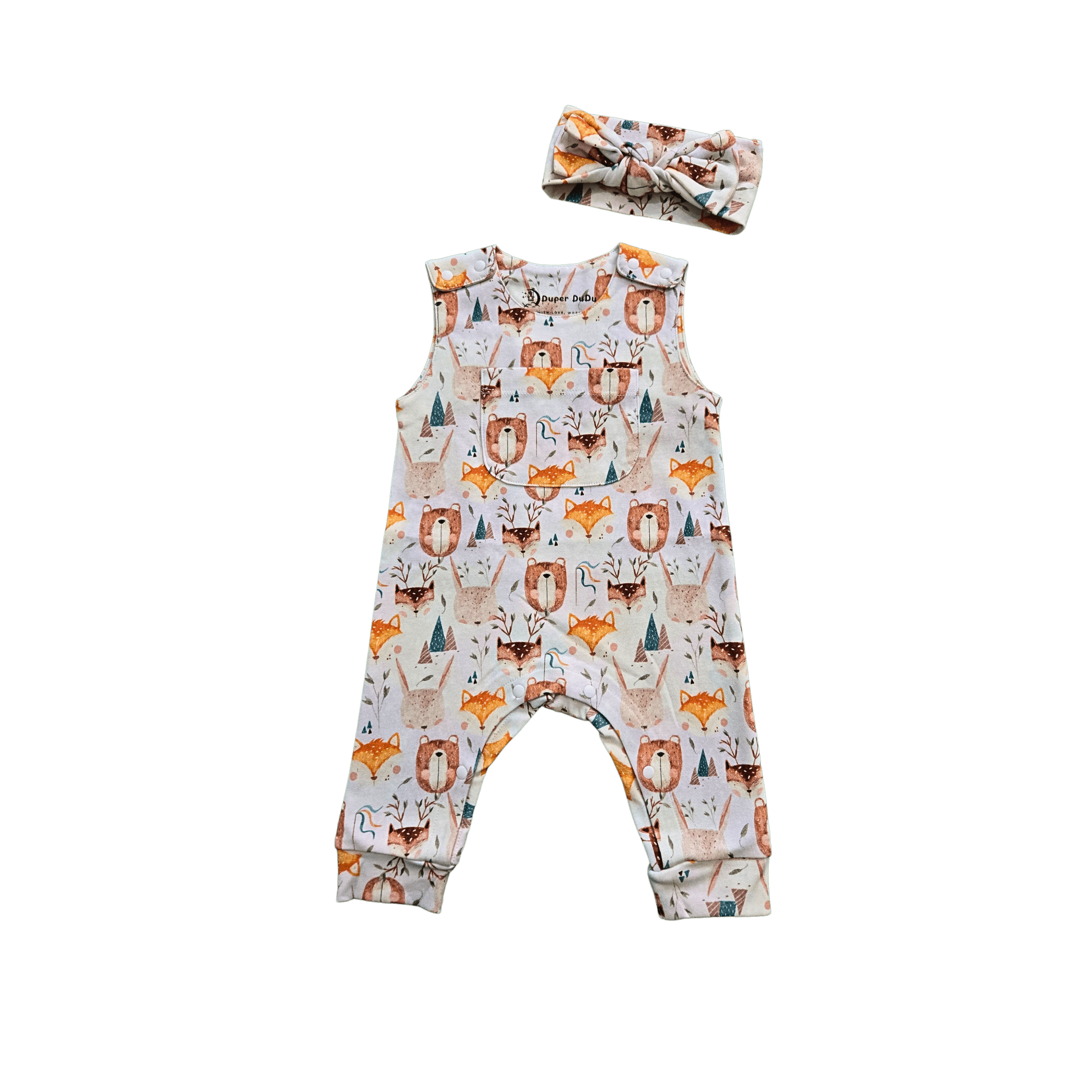 Organic cotton baby headband with safari animal print featuring bears and foxes set withsleeveless romper