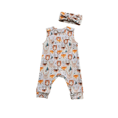 Organic cotton baby headband with safari animal print featuring bears and foxes set withsleeveless romper