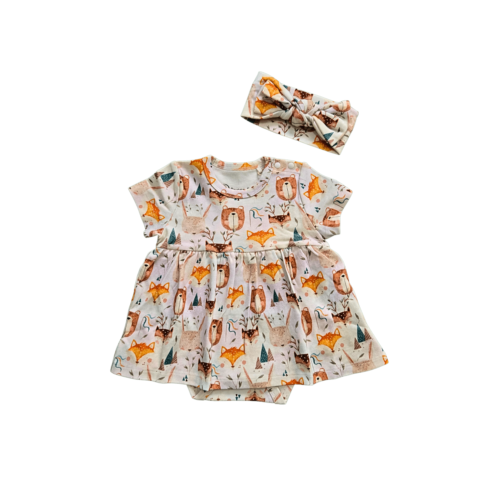 Organic cotton baby headband with safari animal print featuring bears and foxes set