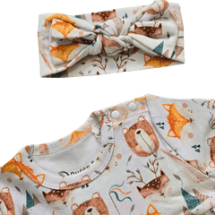 Organic cotton baby headband with safari animal print featuring bears and foxes