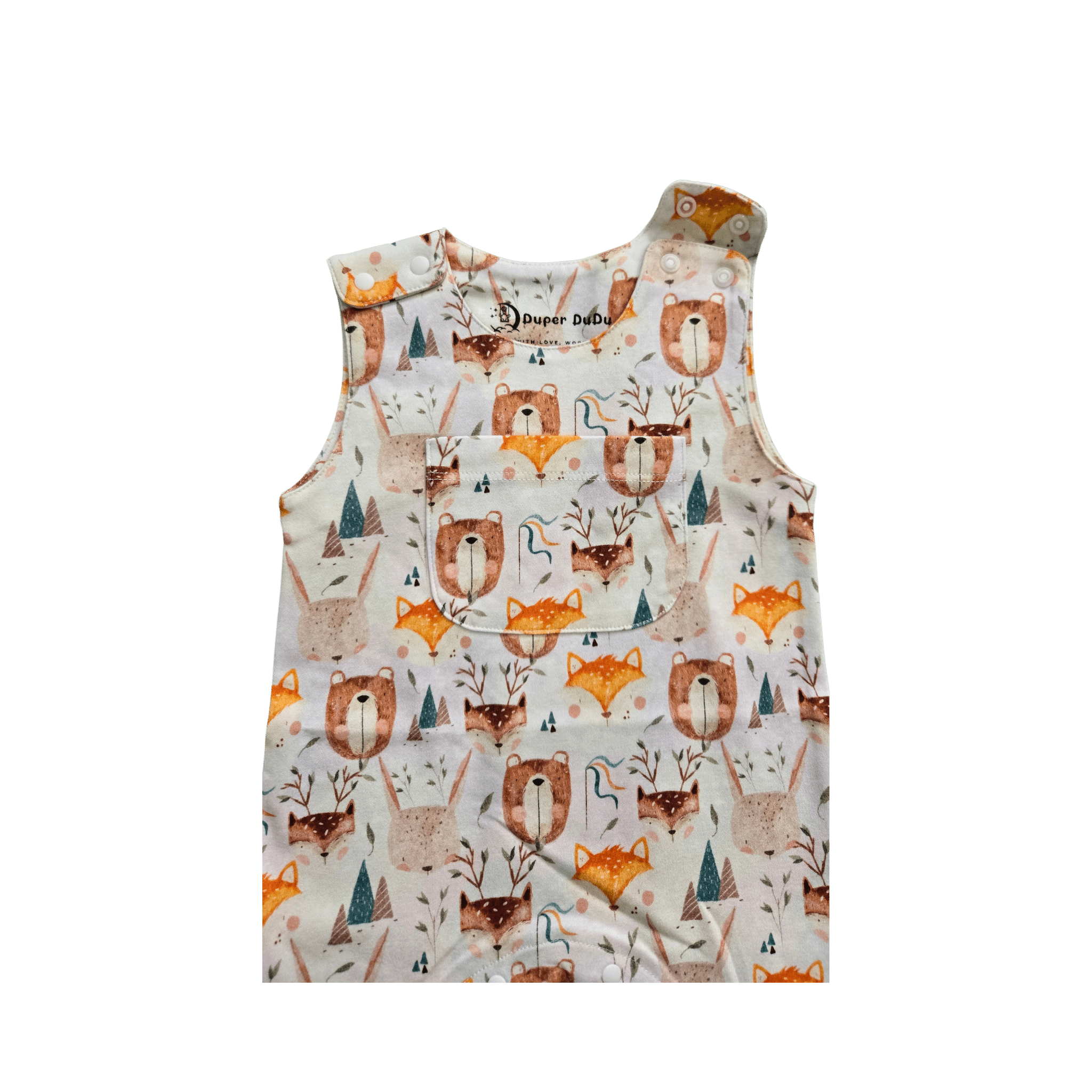 Wild Team organic sleeveless romper with front pocket flat lay brand Duper DuDu design by a NICU nurse